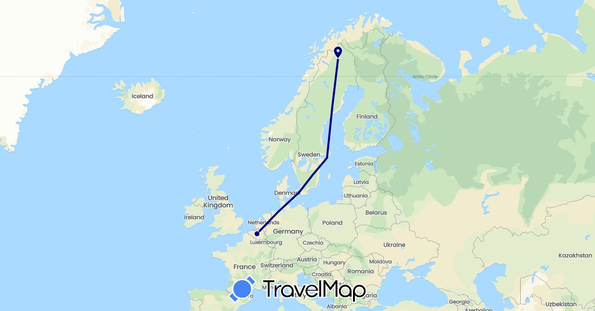 TravelMap itinerary: driving in Belgium, Denmark, Sweden (Europe)
